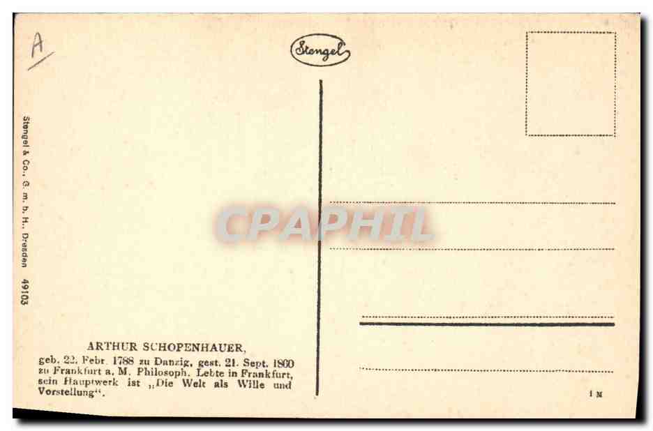 Arthur Schopenhauer — portrait gravé — Stengel & Co. n° 49103 — Verso