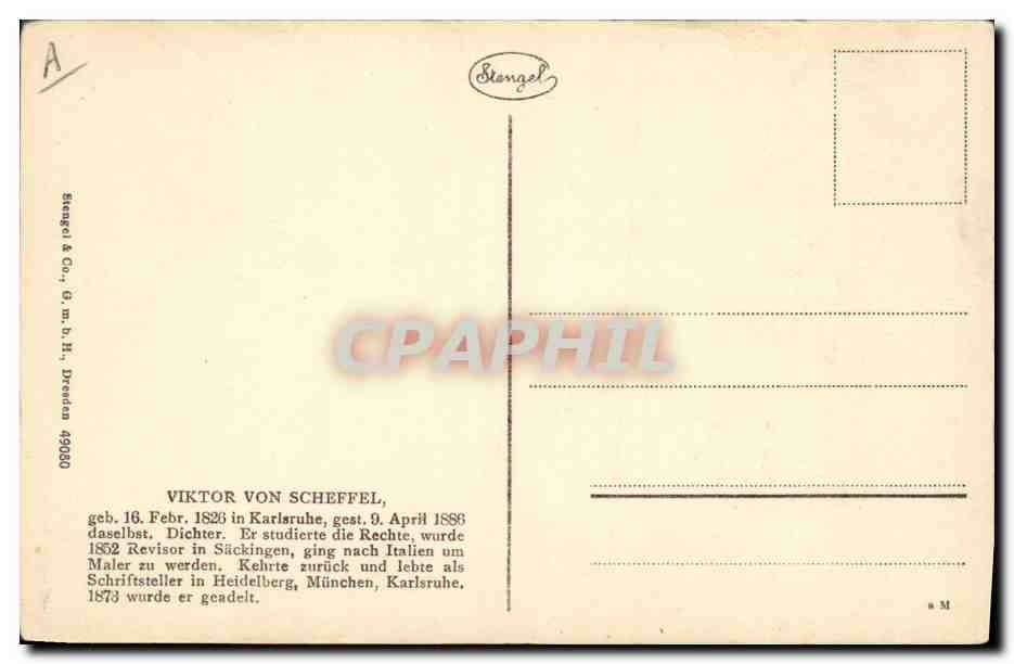 Dr. Viktor von Scheffel — portrait gravé — Stongel & Co., Dresden 49030 — Reverso
