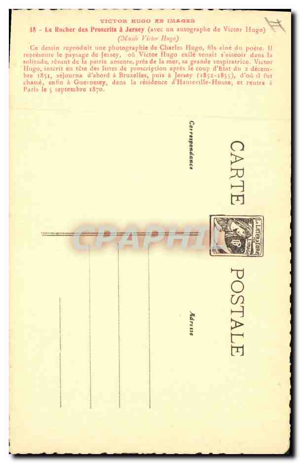 CPA Victor Hugo Le rocher des proscrits a Jersey  — Rückseite