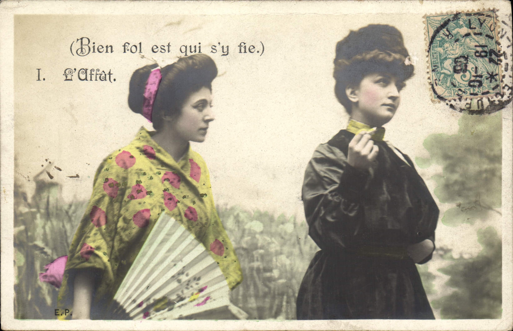 Deux jeunes femmes — citation « Bien fol est qui s'y fie » — E.P. (éditeur)