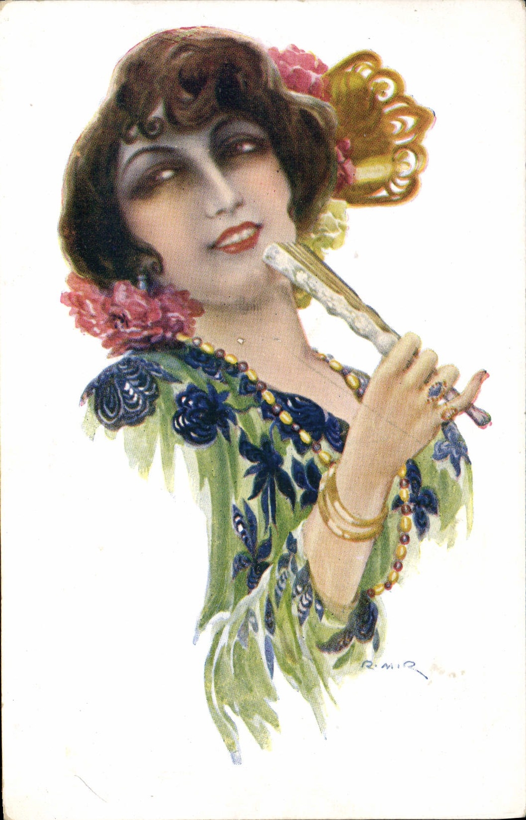 Femme en robe fleurie tenant un éventail — dessin de R. M. O. — Éditions Viatour, N° 138
