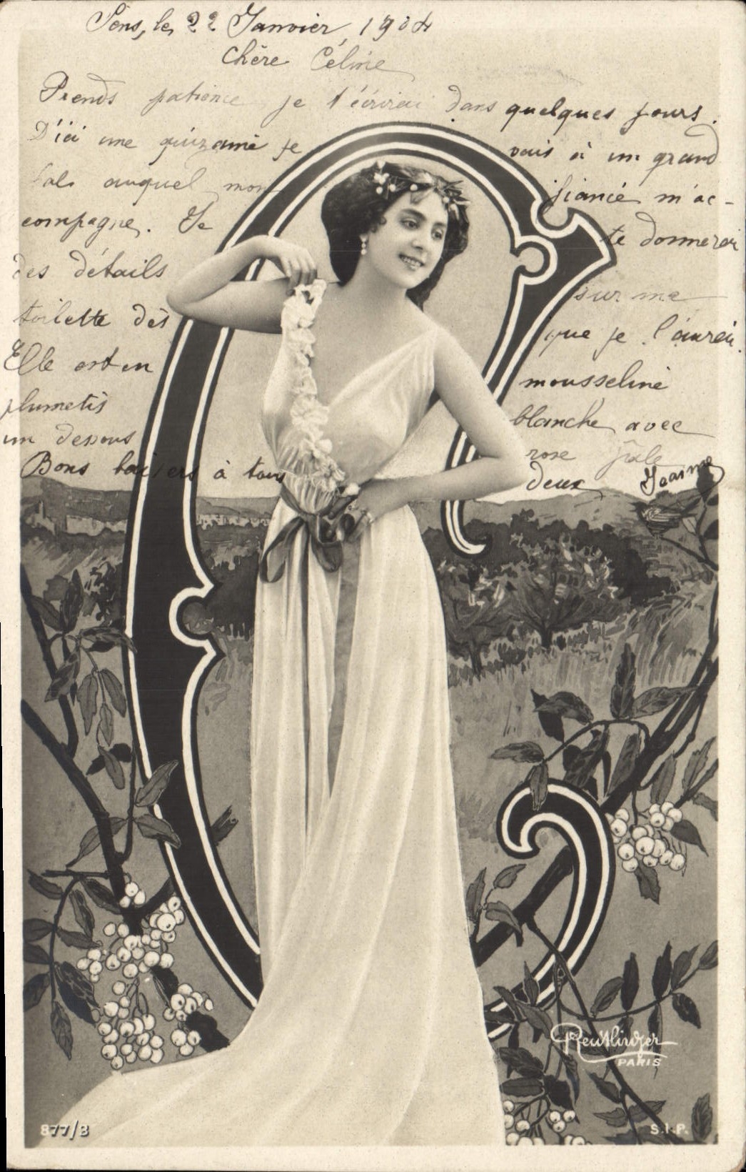 Femme en robe blanche — décor floral — Freulinger Paris, n° 877/8