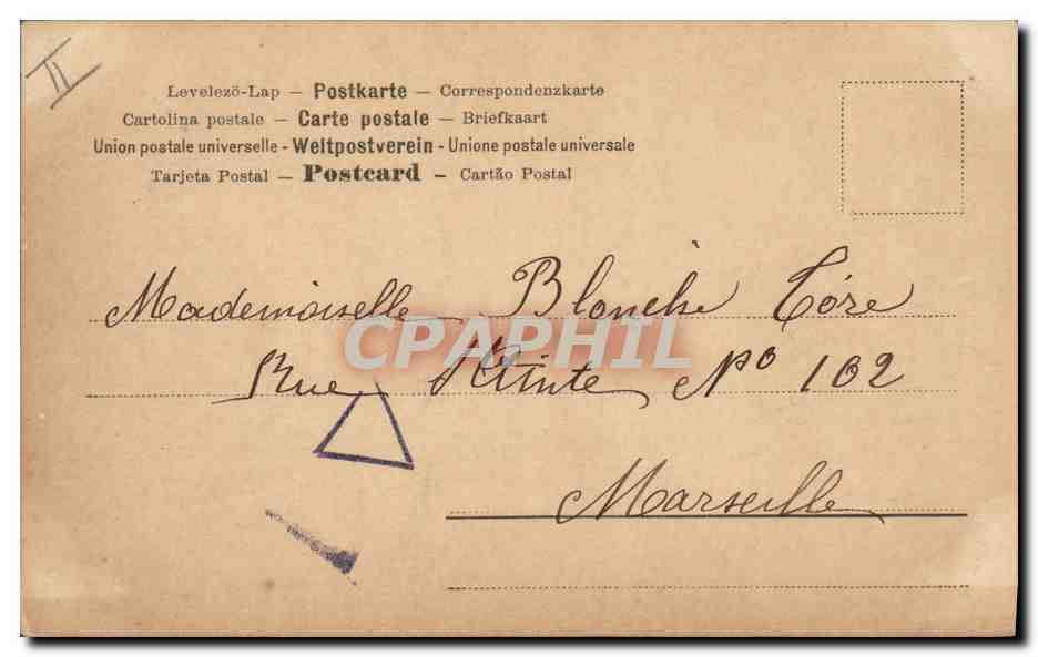Femme élégante avec ombrelle — scène de jardin — éditeur C. Blanche, n° 102 — Verso