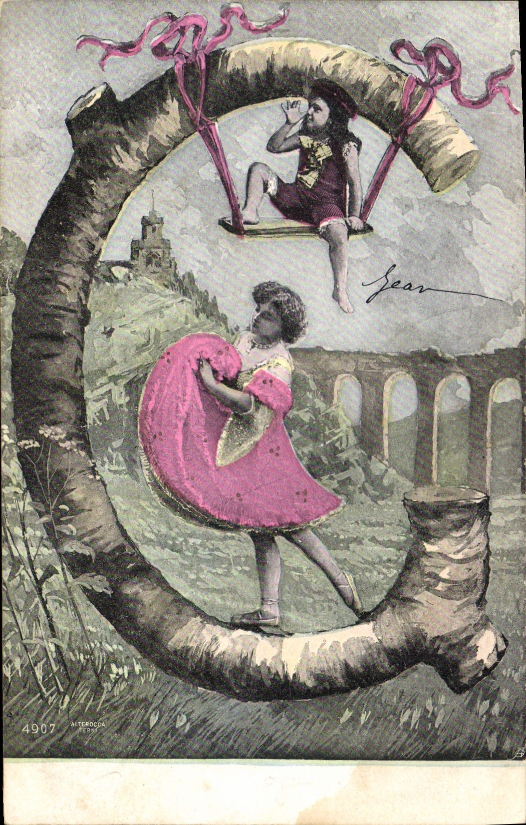 Deux enfants jouant sur un grand tronc d'arbre en forme de C — éditeur Alterocca, n° 4907