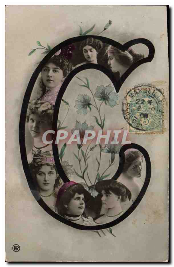 Portrait de femmes dans une grande lettre G ornée de fleurs — éditeur RR, n° de série non visible