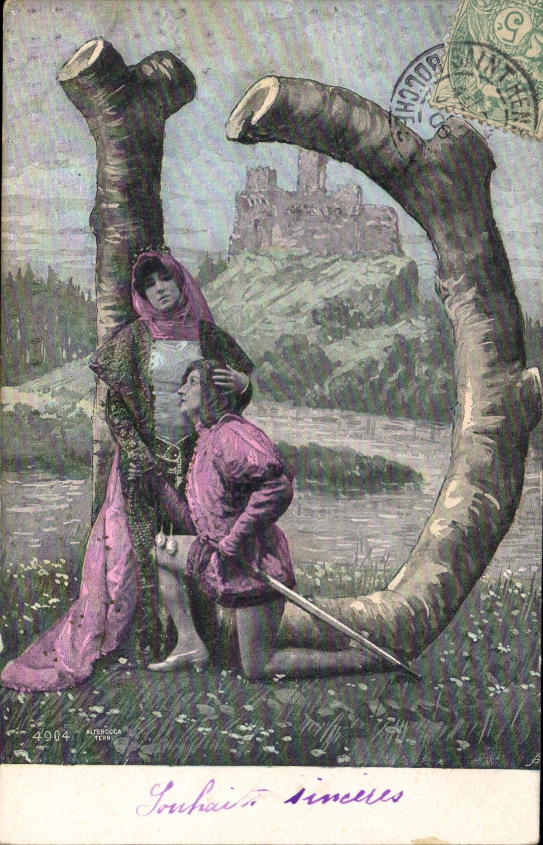 Jeune homme et femme sous un tronc d'arbre — scène romantique — Alzerocca, n° 4904