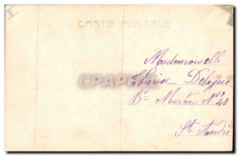 Jeune homme et femme sous un tronc d'arbre — scène romantique — Alzerocca, n° 4904 — Verso