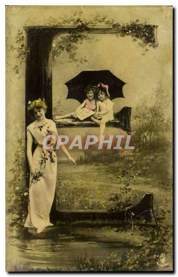 Femme en robe longue — deux enfants sous parapluie — éditeur anonyme, n° 195