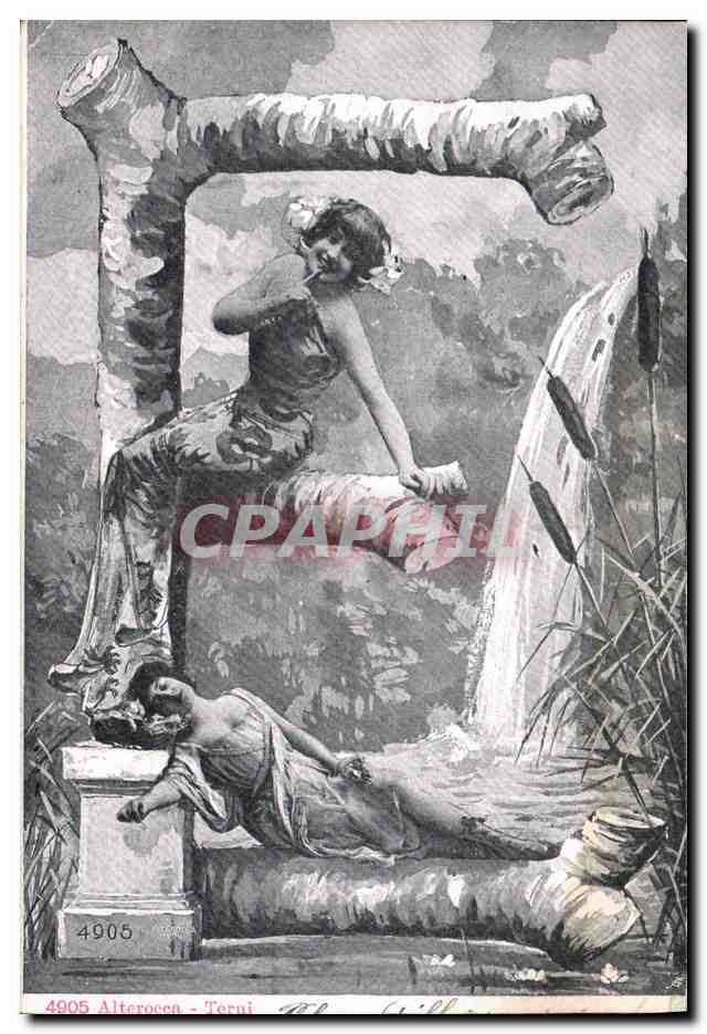 Femme assise sur un pilier — scène de jardin — éditeur Alterocco, n° 4905