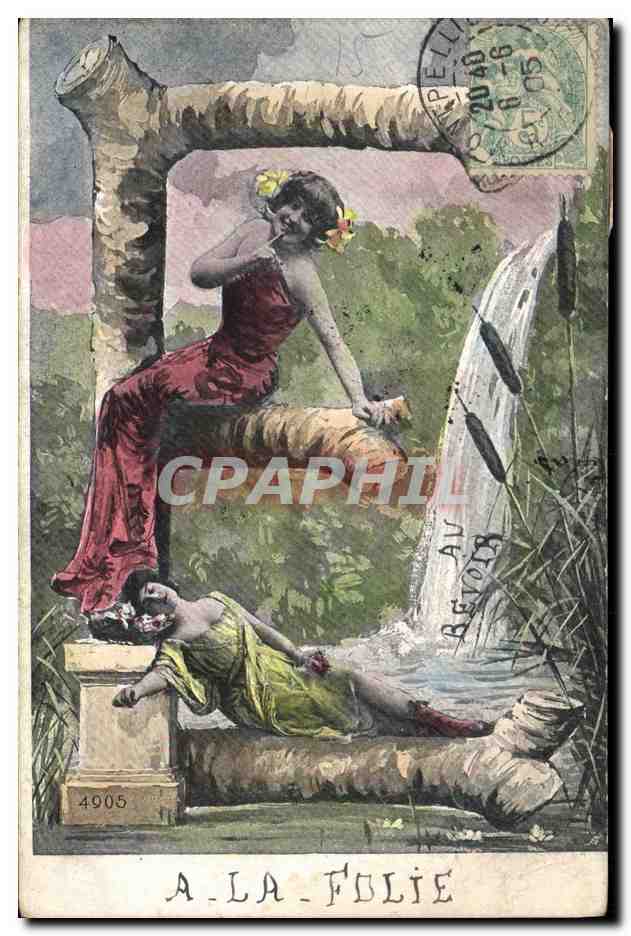 Femme en robe rouge assise sur un tronc d'arbre — scène de rivière — éditeur A. La Folie, n°4905
