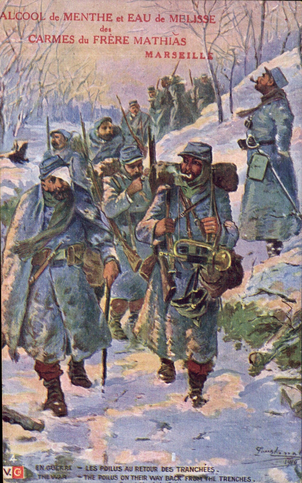 Soldats au retour des tranchées — Alcool de Menthe et Eau de Mélisse des Carmes du Frère Mathias, Marseille