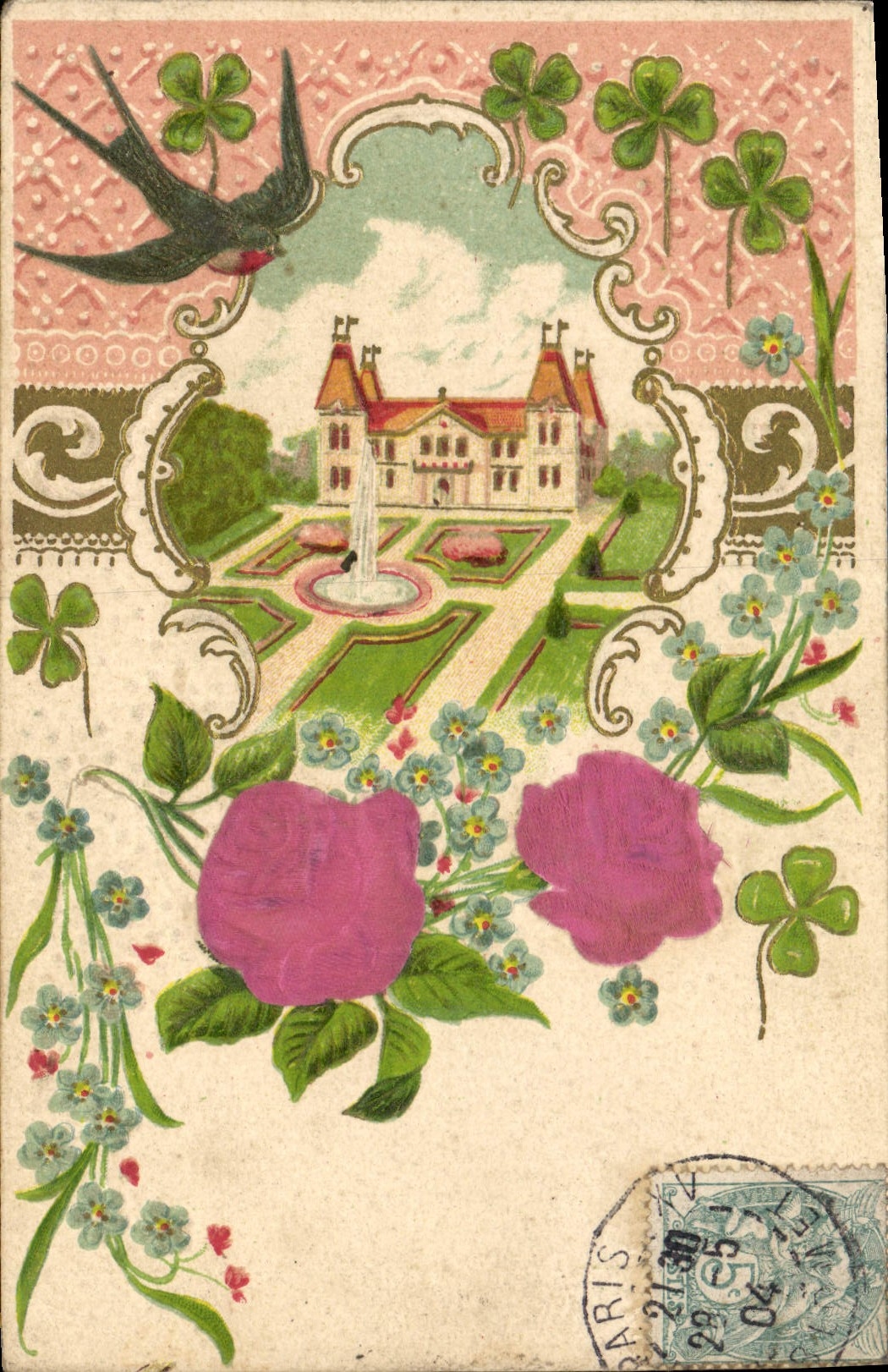 CPA Fantaisie Fleurs Hirondelle 