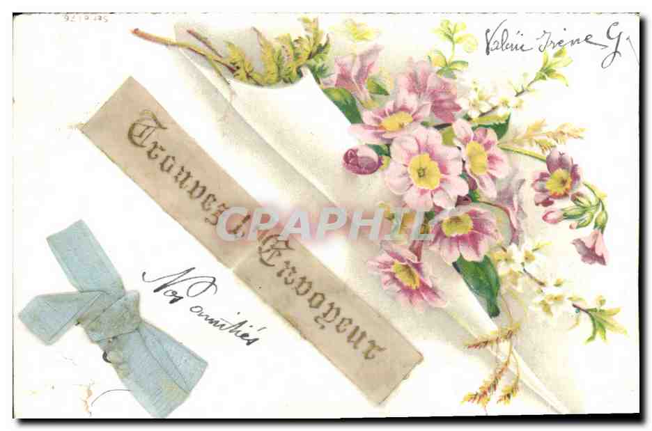 Bouquet de primevères — détails floraux et ruban — éditeur inconnu, série 921926