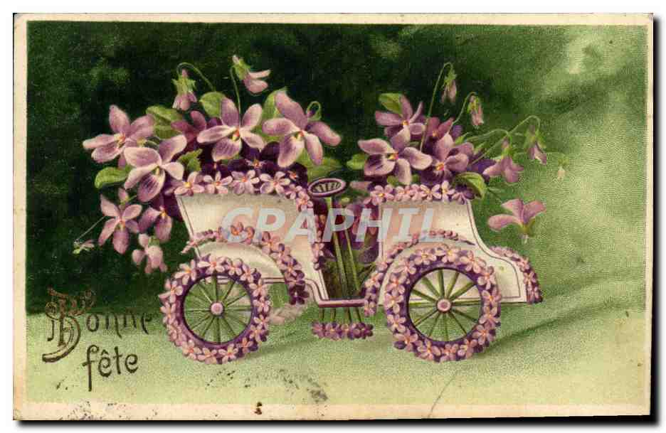 Voiture décorée de violettes — Bonne fête — éditeur non visible