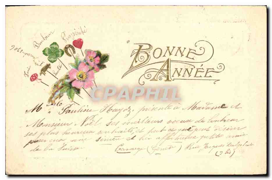 CPA Fantaisie Fleurs Cochon Porc Fer a cheval Trefle Coeur 