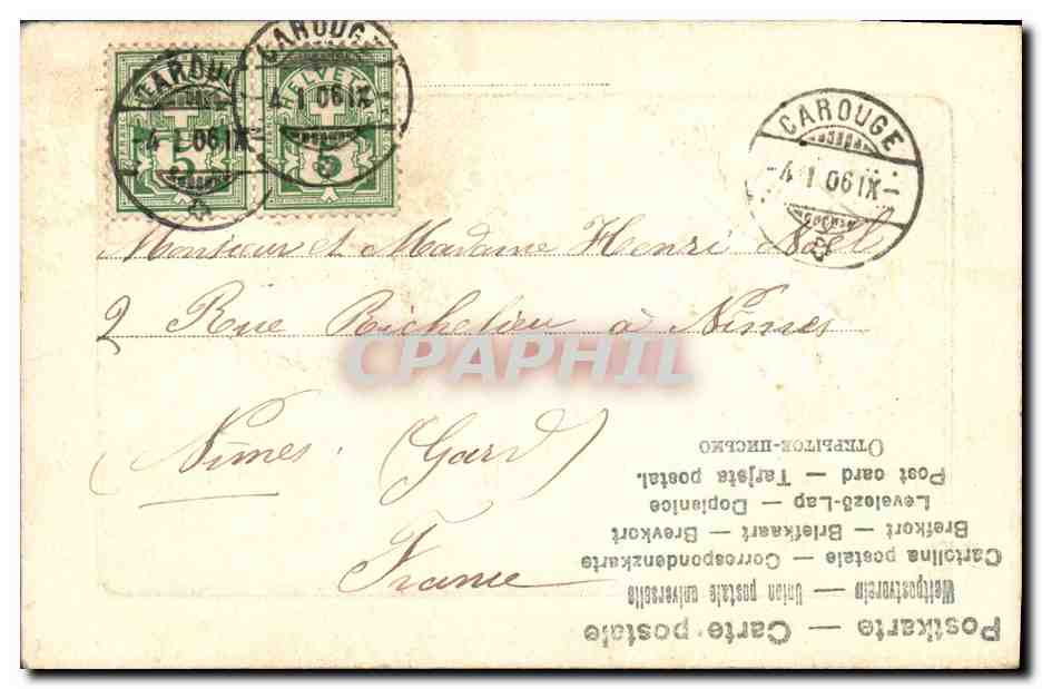 CPA Fantaisie Fleurs Cochon Porc Fer a cheval Trefle Coeur  — Verso