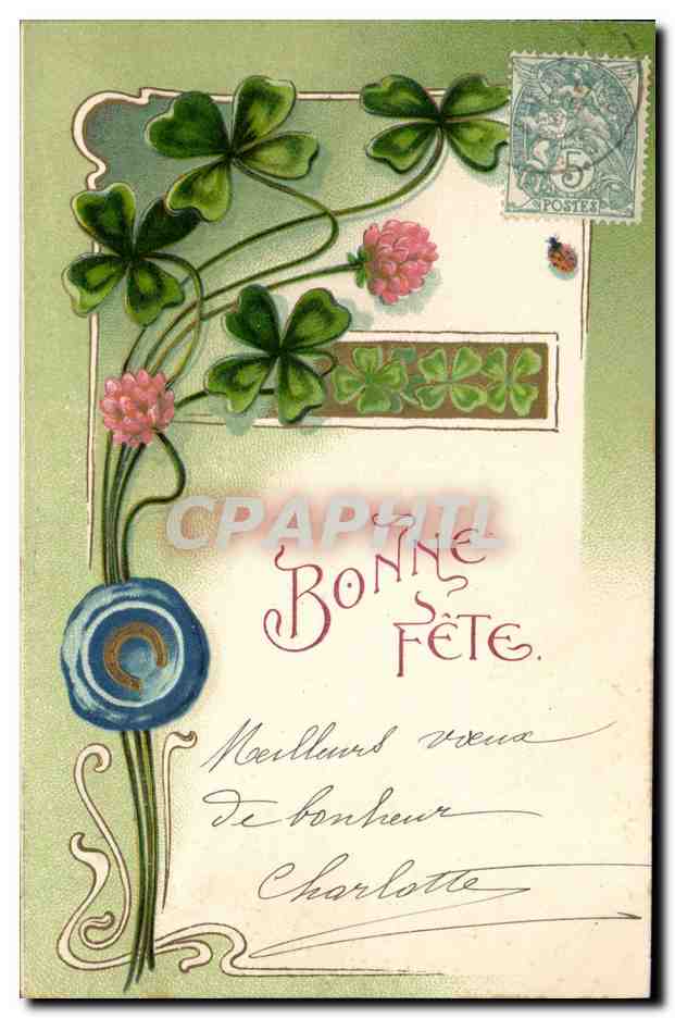 CPA Fantaisie Fleurs Trefles Fer a cheval 