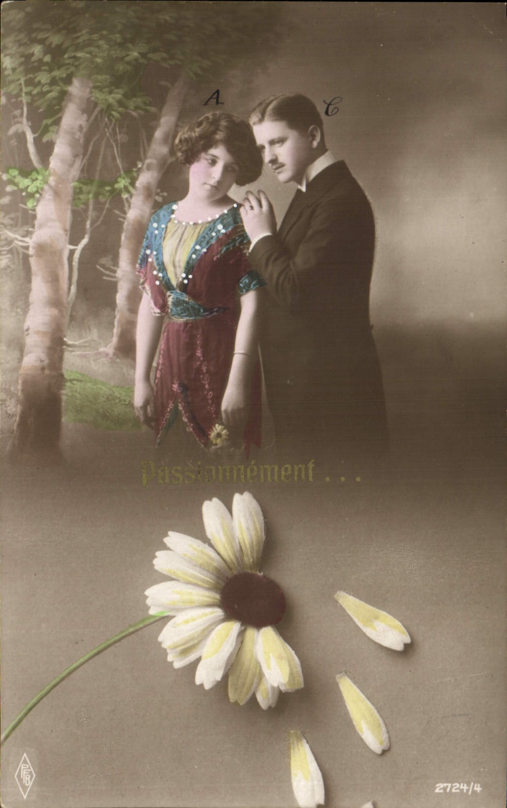 Couple amoureux dans un bois — 'Passionnément...' — éditeur R. B. n° 2724/4