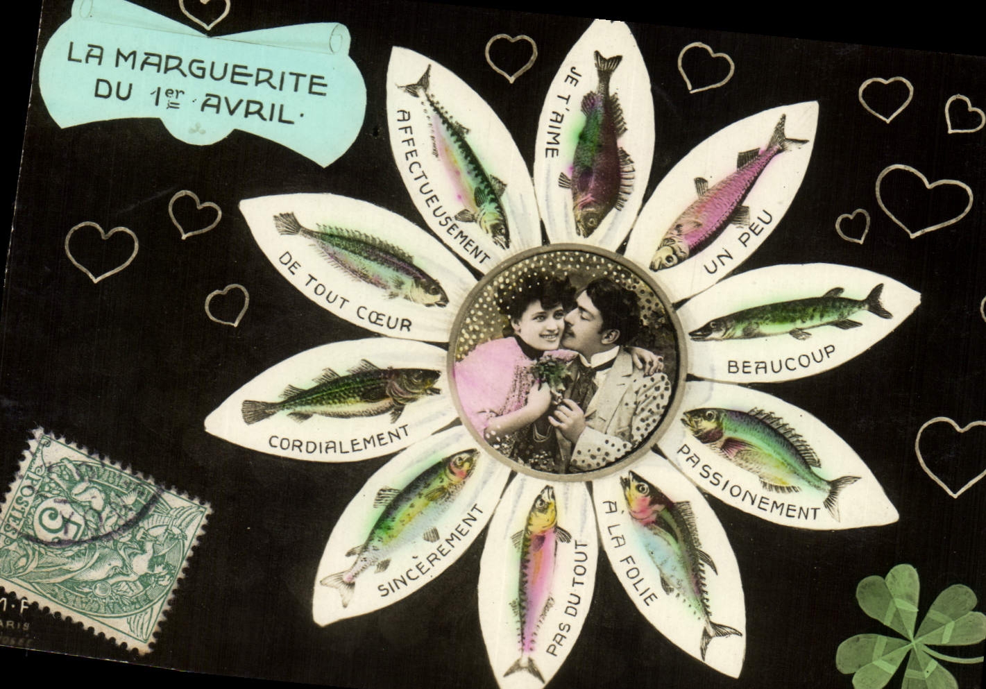La Marguerite du 1er Avril — carte postale décorée de poissons et de coeurs — éditeur inconnu