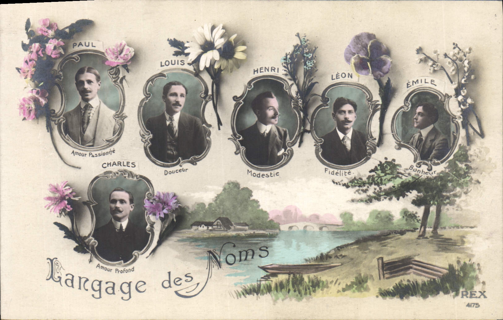 Langage des Noms — Carte illustrée de portraits d'hommes avec attributs — REX 4175