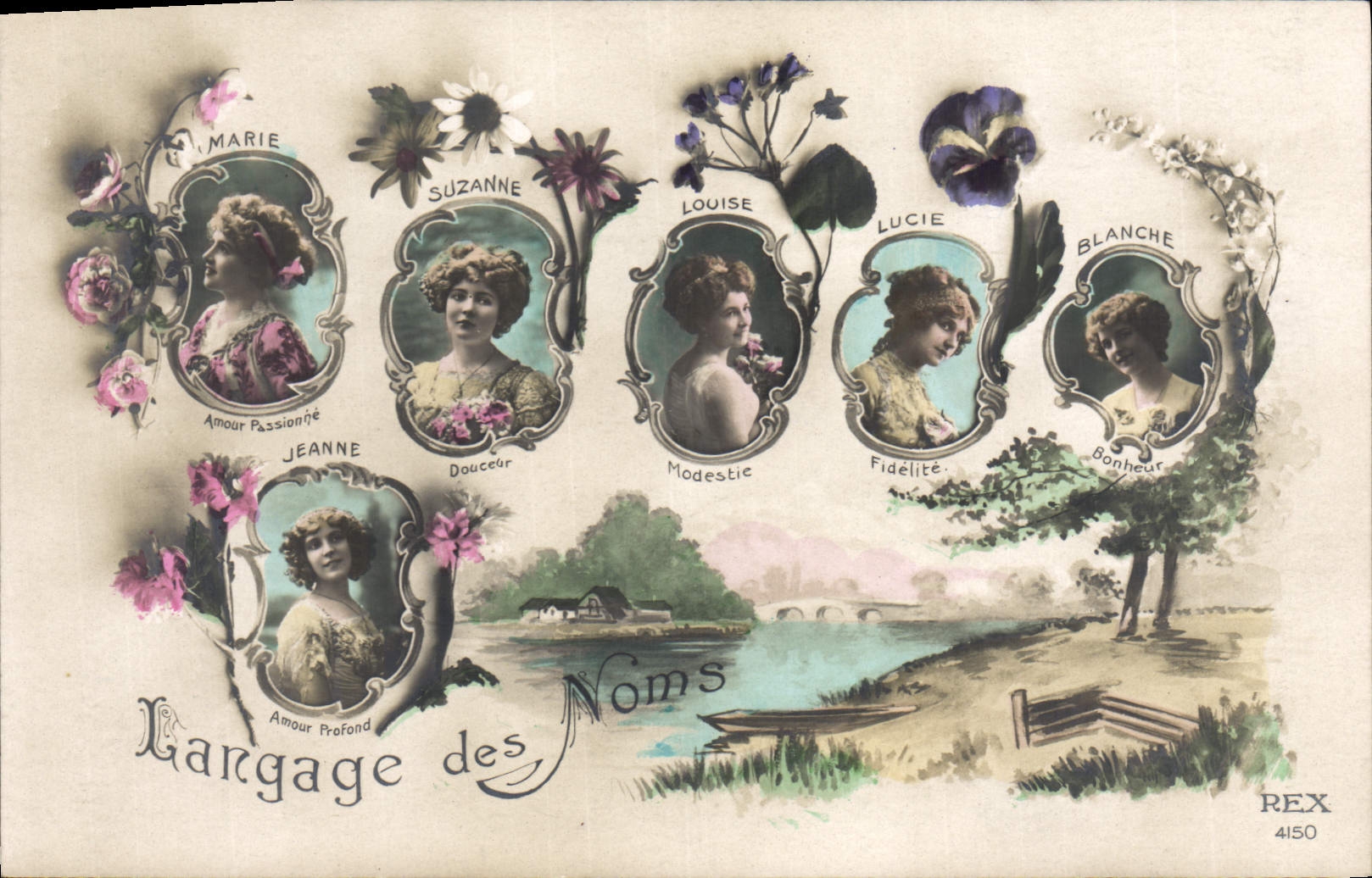 Langage des Noms — Carte illustrée de six jeunes femmes avec leurs noms et attributs — REX 4150