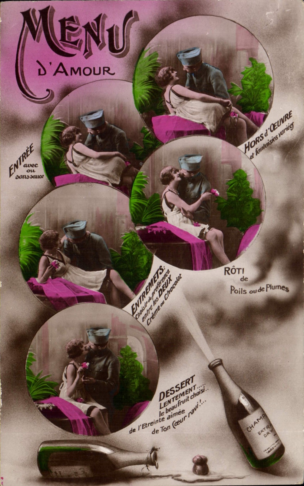 Menu d'Amour — Carte postale humoristique avec illustrations de couples en uniforme — éditeur inconnu, n° de série 1198