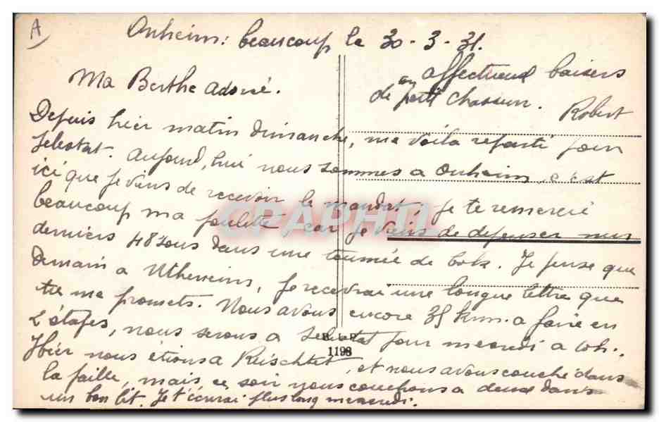 Menu d'Amour — Carte postale humoristique avec illustrations de couples en uniforme — éditeur inconnu, n° de série 1198 — Verso