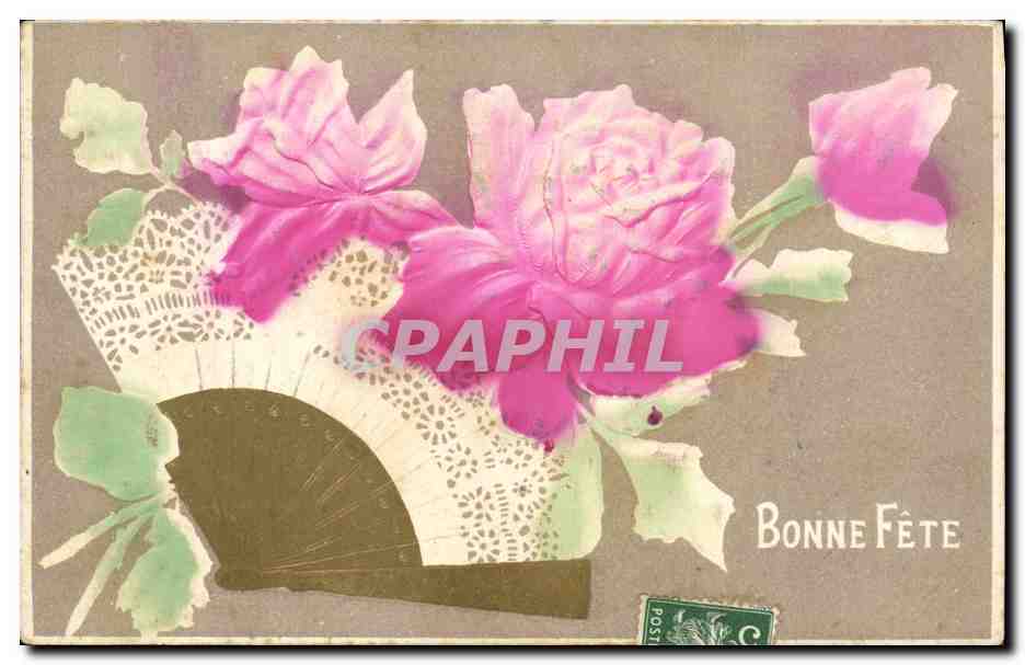 CPA Fantaisie Eventail Fleurs