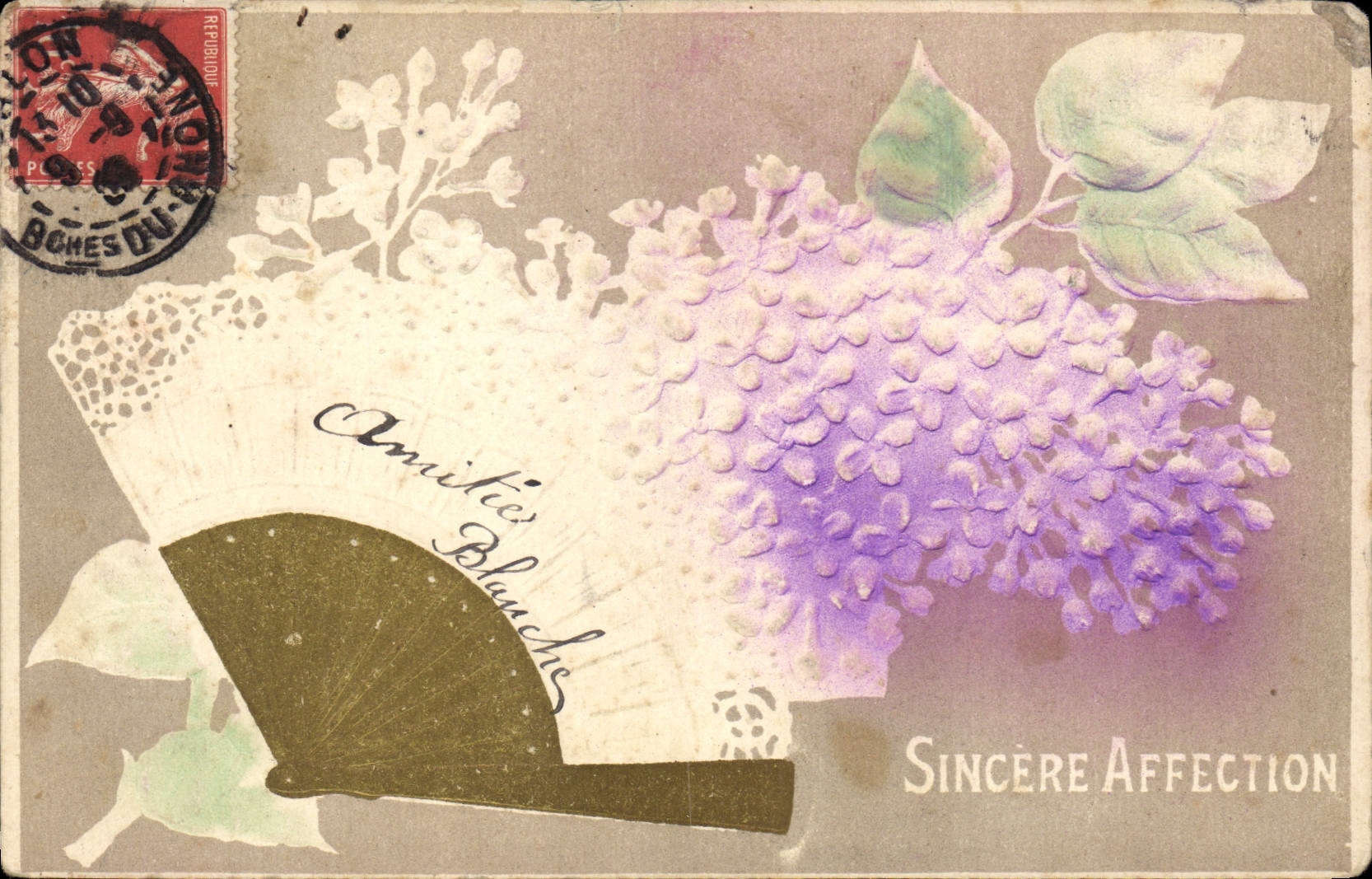 Lilas et éventail — Amicitie Blanches / Sincère Affection — éditeur non visible