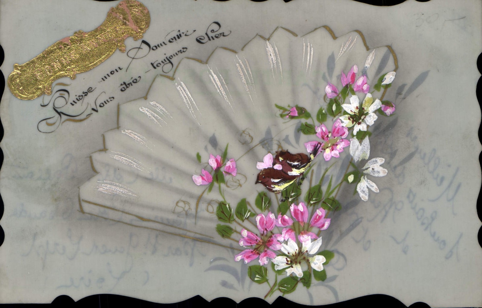CPA Fantaisie Eventail Fleurs