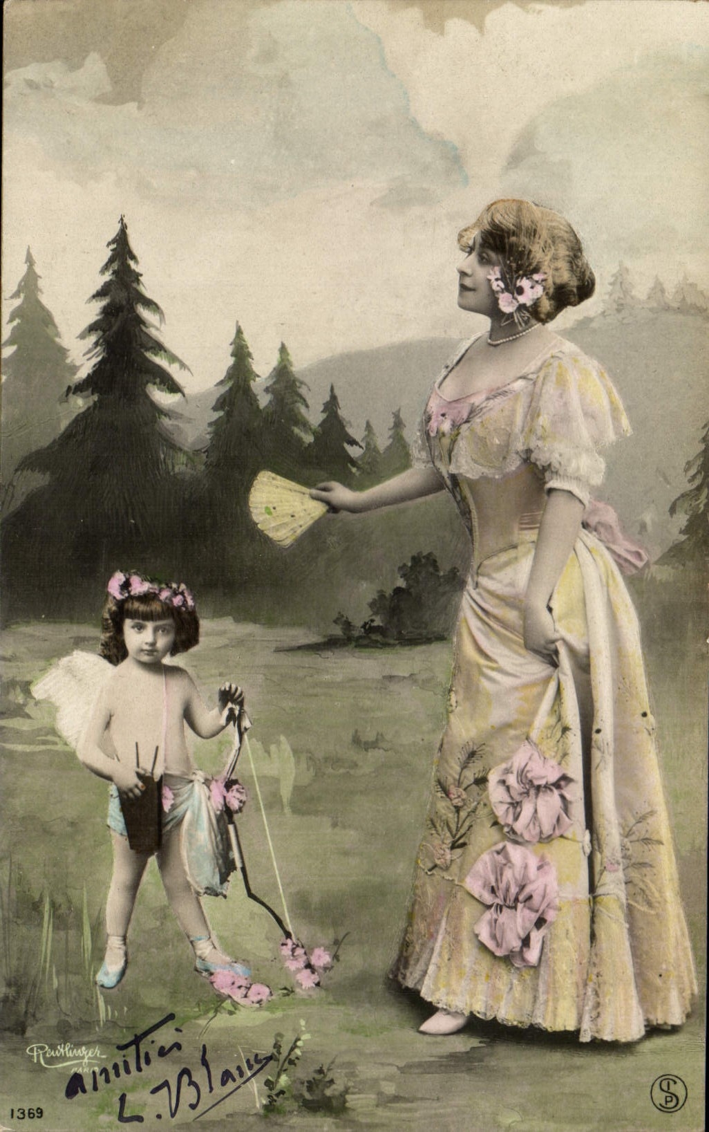 Fée et dame en forêt — scène de jardin — éditeur Paul Meuser, n° 1369