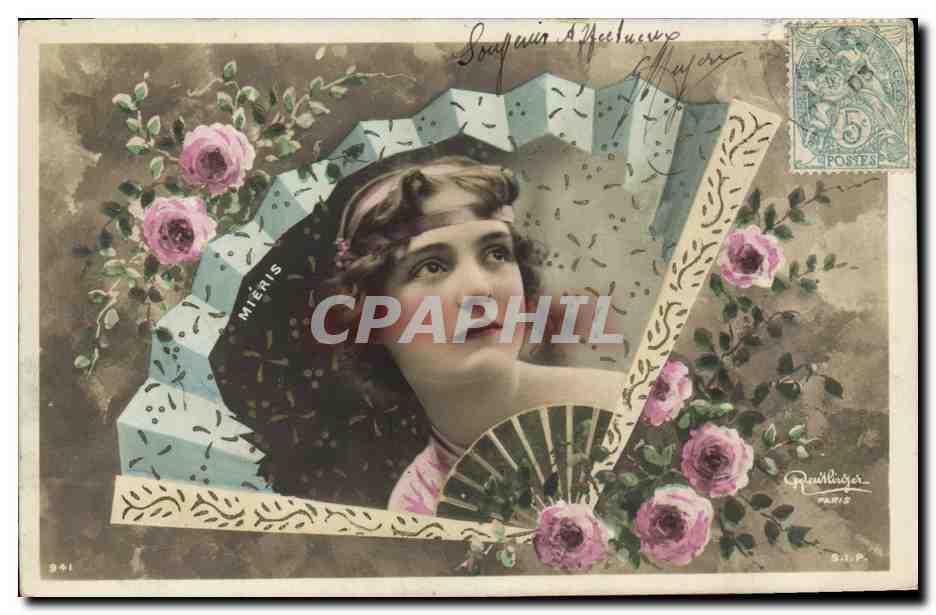 Jeune femme avec éventail — éditeur Reuillinger, Paris, n° 341 — série MÉRIS