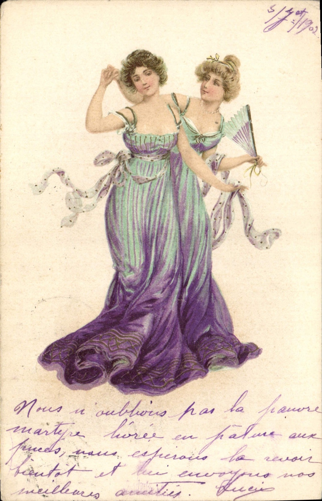 Deux jeunes femmes en robes violette — illustration — éditeur non identifié
