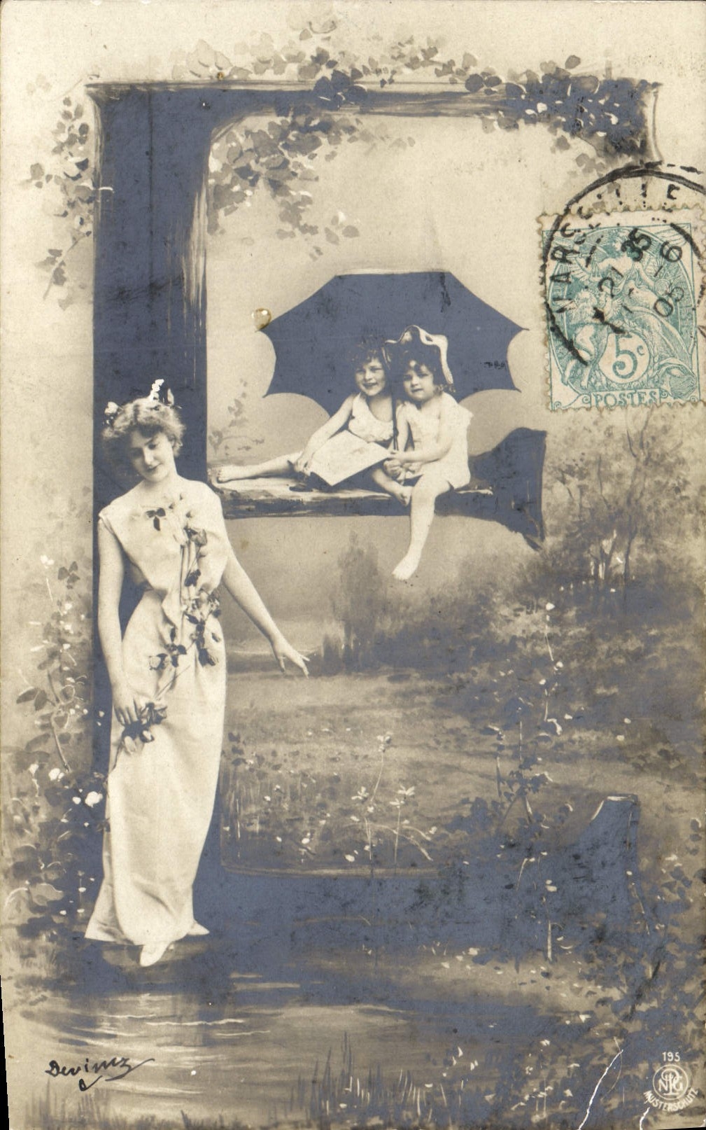Femme et deux enfants sous un parasol — Devinez — éditeur Devinez, n° 195