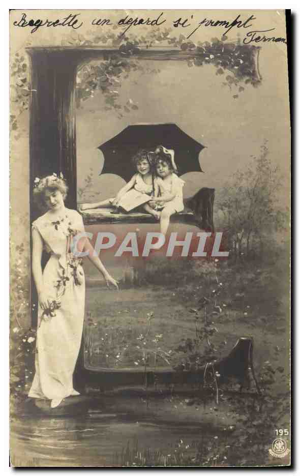 Deux jeunes filles sous un parapluie — scène de jardin — éditeur Fernan, n° 195