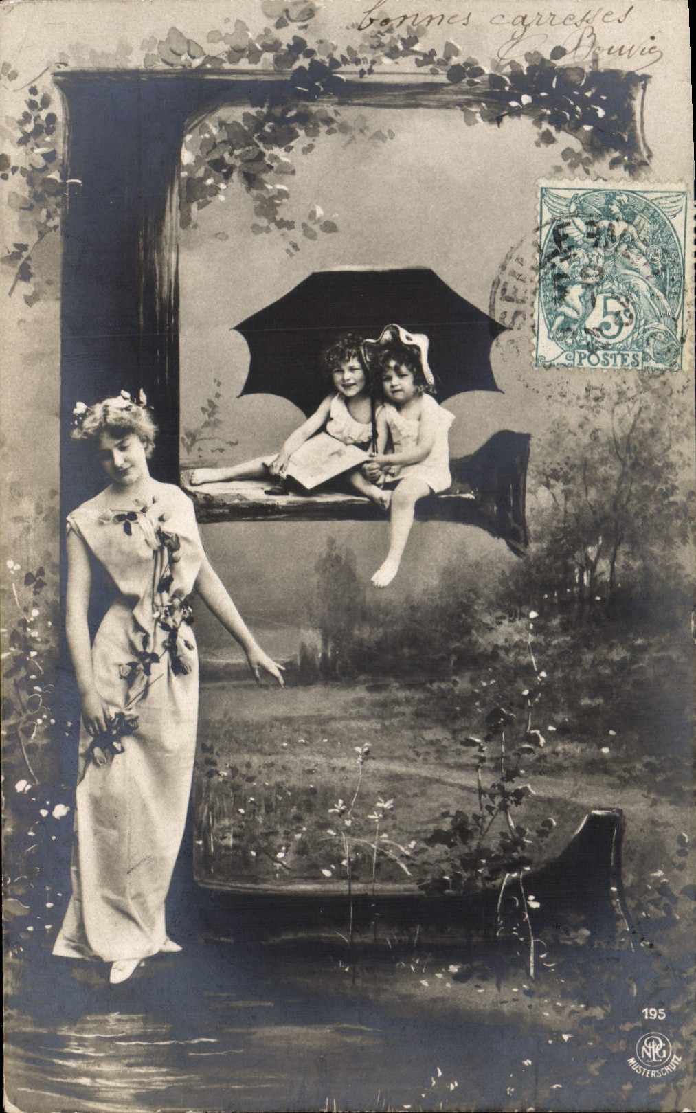 Deux enfants sous un parapluie — scène de jardin — éditeur MASTERSCHUH, n° 195