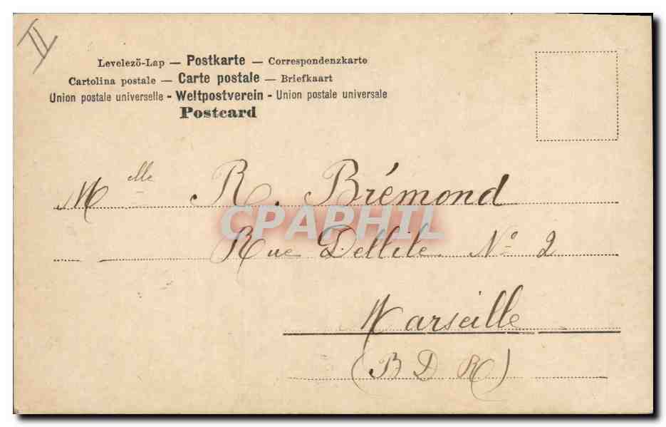 Deux enfants sous un parapluie — scène de jardin — éditeur MASTERSCHUH, n° 195 — Verso
