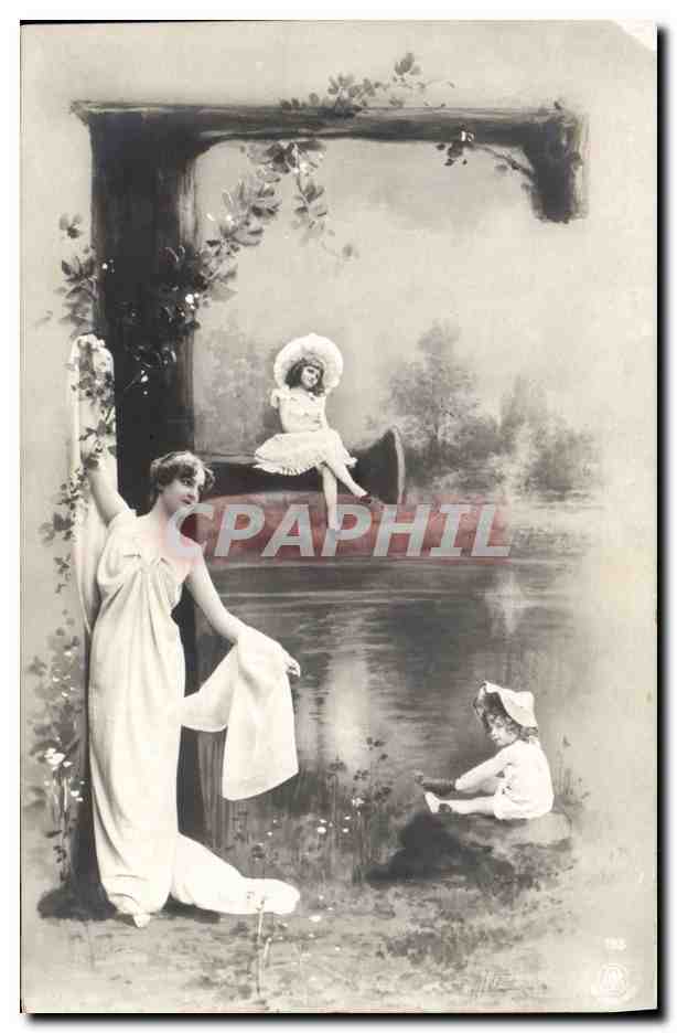 Femme et enfants près d'un lac — scène de genre — Union Postale Universelle, n° 1985