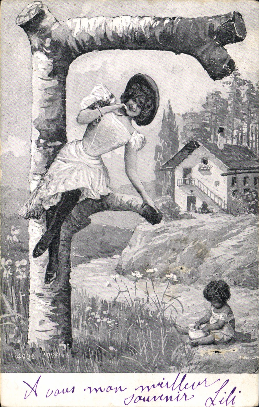 Femme et enfant près d'un tronc d'arbre — éditeur ATEROCCA, n° 4906