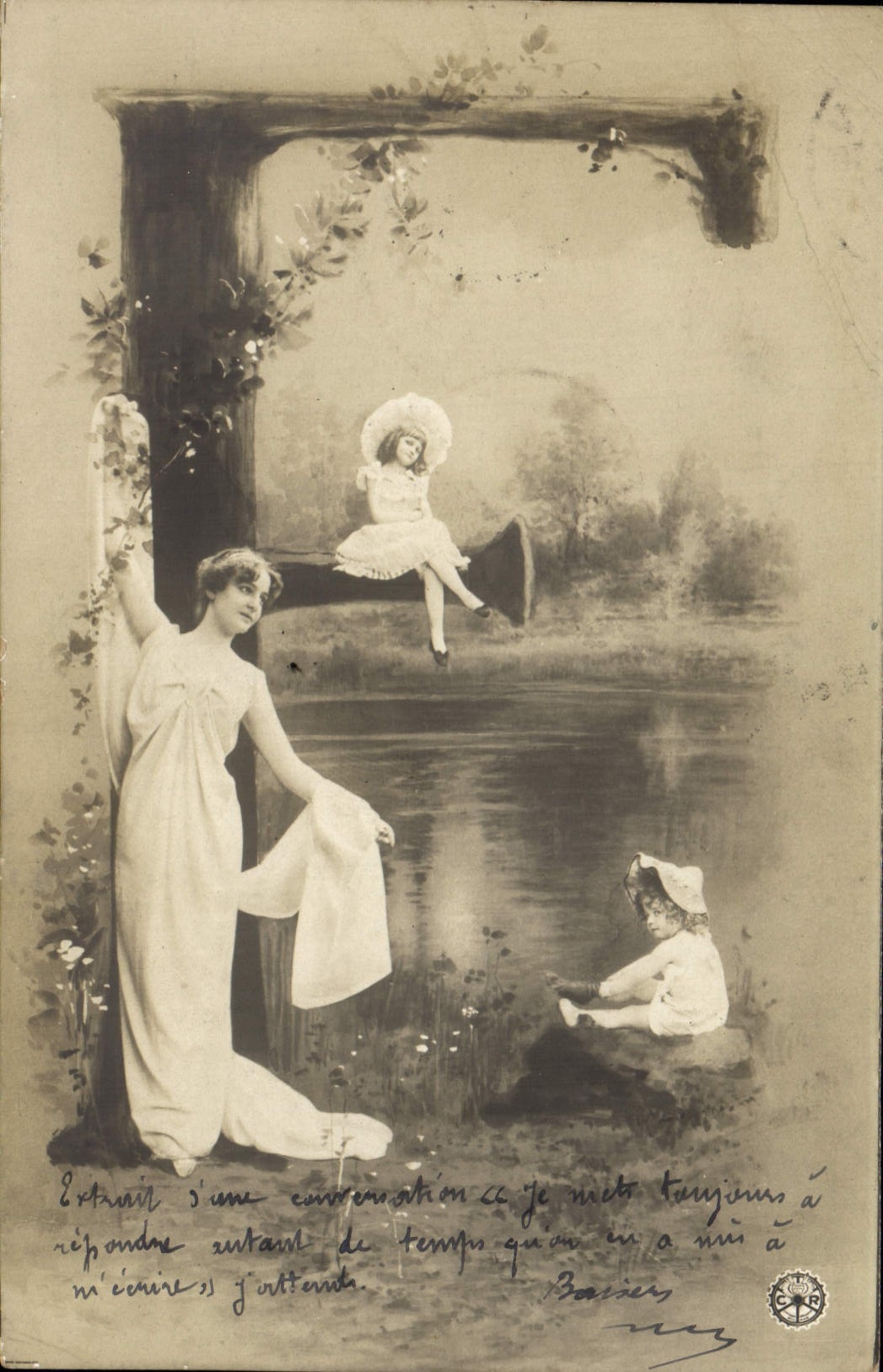 Femme et enfants près d'un étang — Basser — éditeur Basser