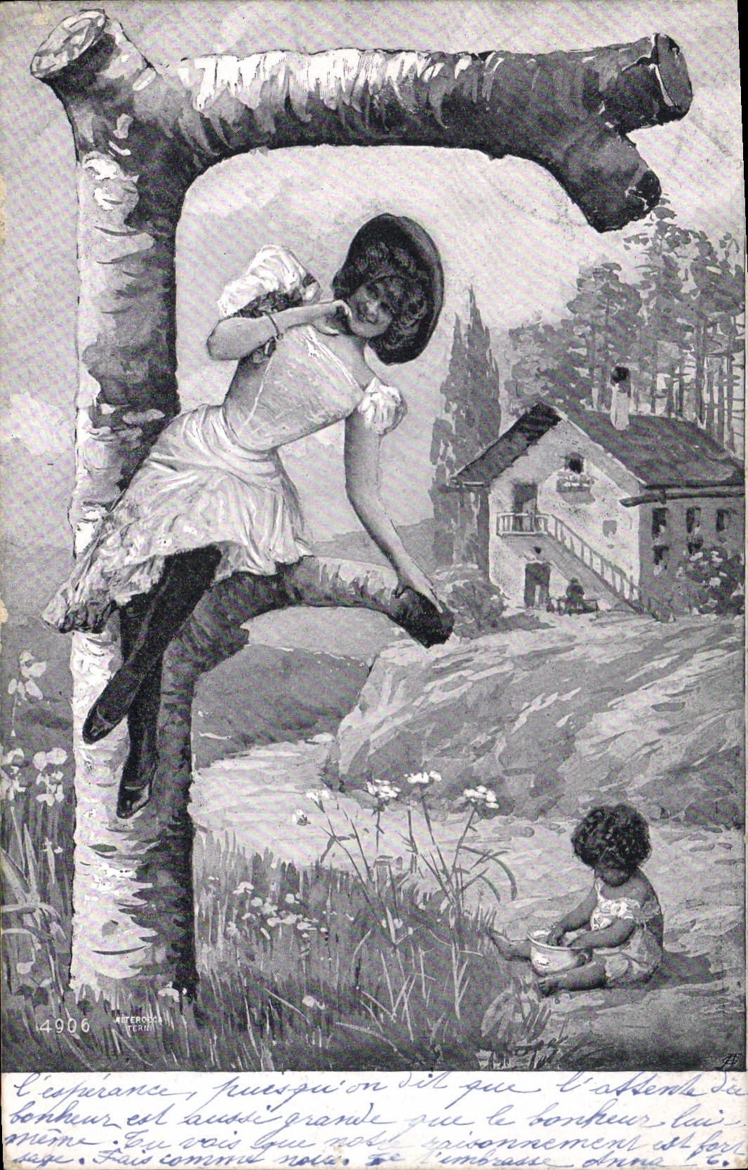 Femme et enfant près d'un tronc d'arbre — illustration — ATERROCI (n° 4906)