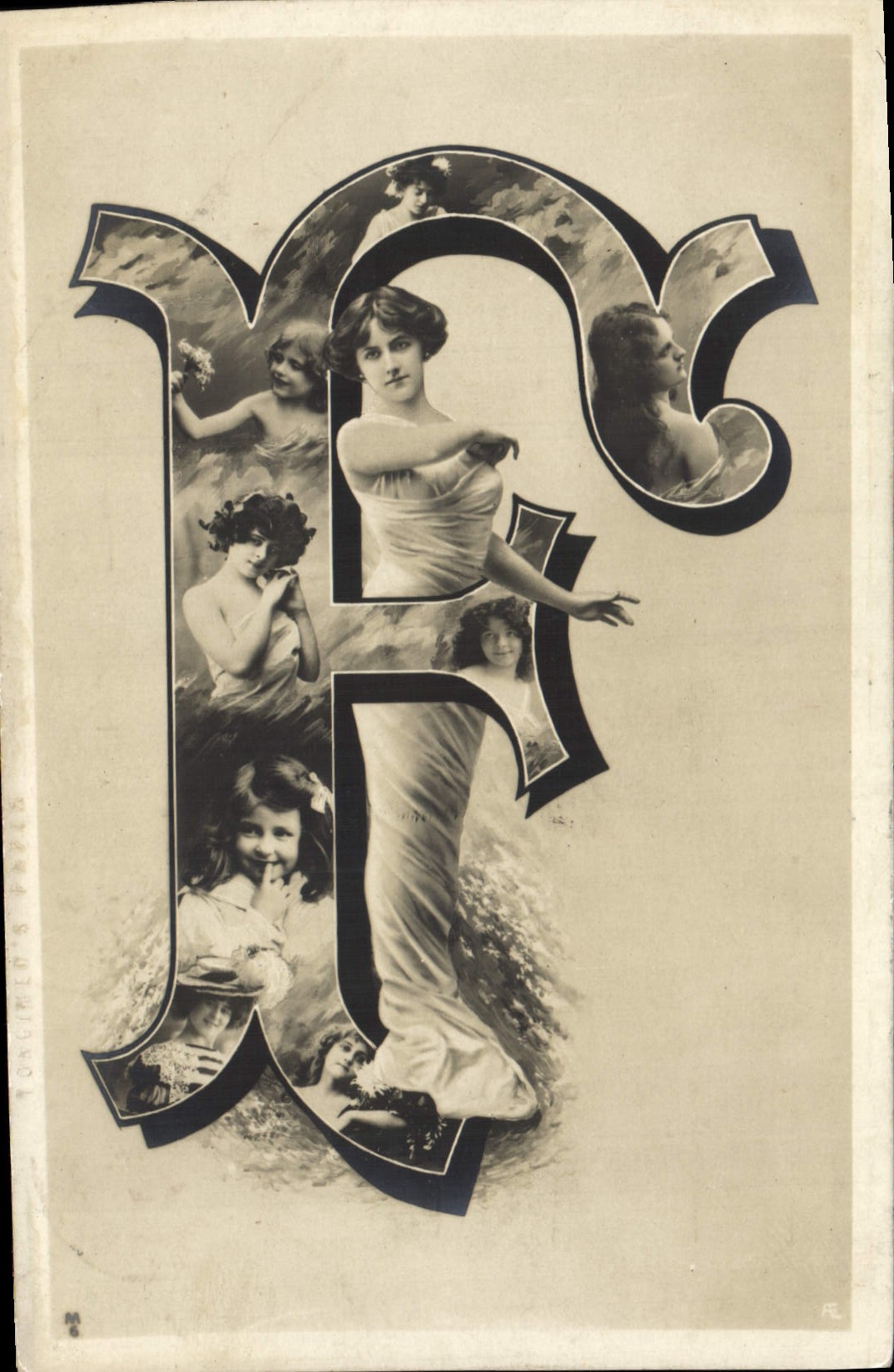 F — Lettre ornée de femmes et enfants — F. R. (éditeur) n° 6