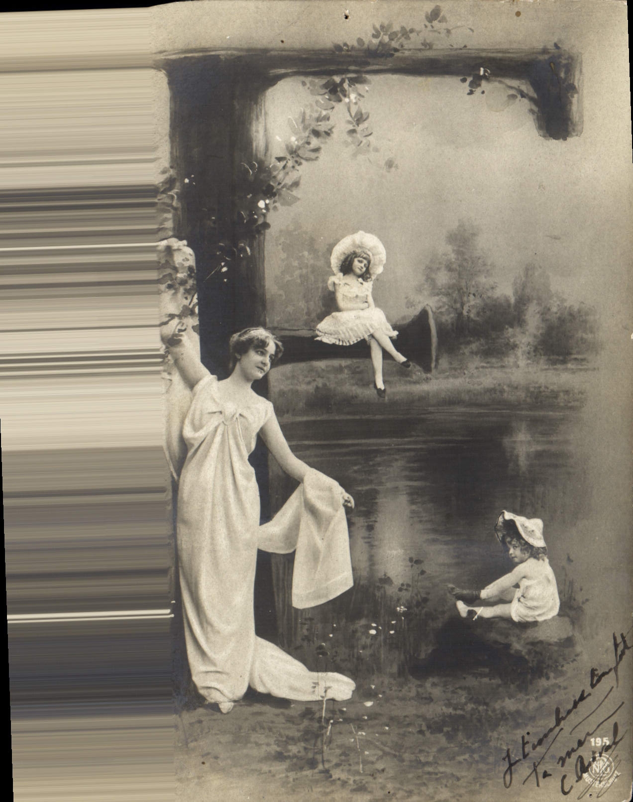 Femme et enfants près d'un étang — scène peinte — C.D. J. (éditeur ?)