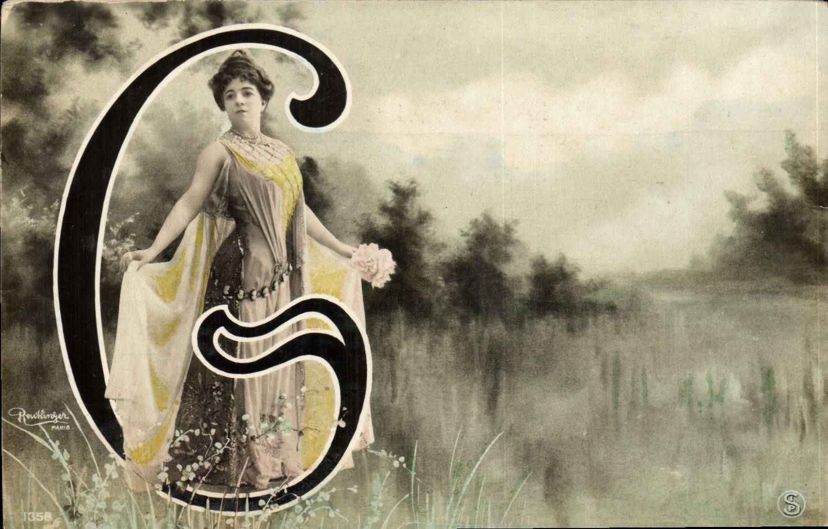 Femme dans un paysage — initiale G stylisée — éditeur Roullinger, n° 1358