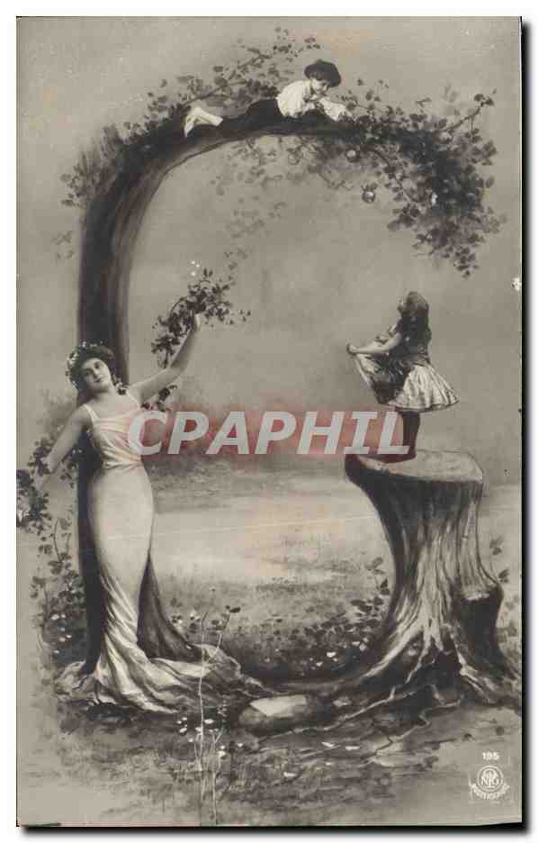 Femme et enfants dans un cadre végétal — illustration artistique — éditeur CPAPHIL, n° 195
