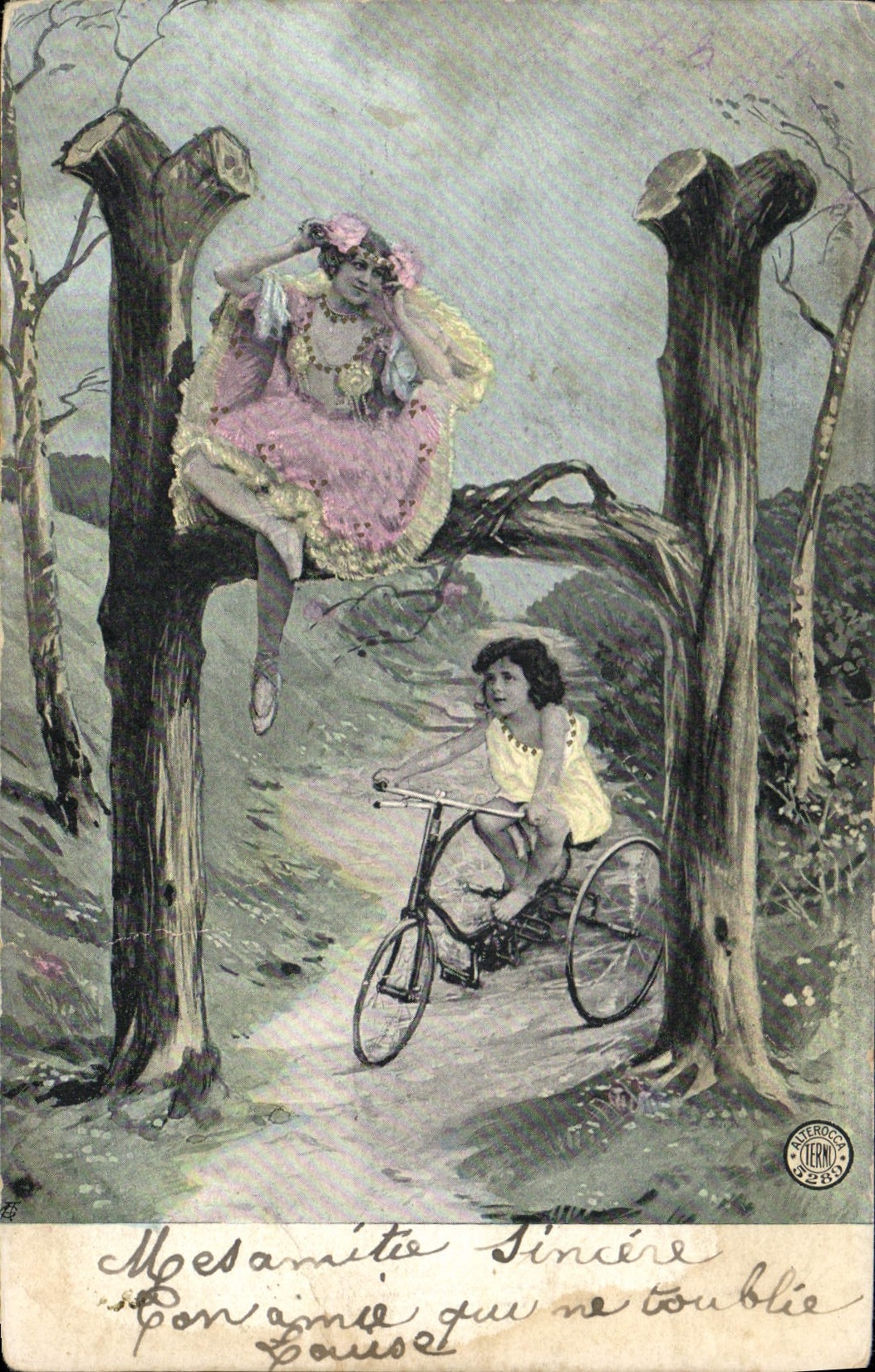 Fée dans les arbres — jeune fille à vélo — éditeur Berocq & Cie, n°75