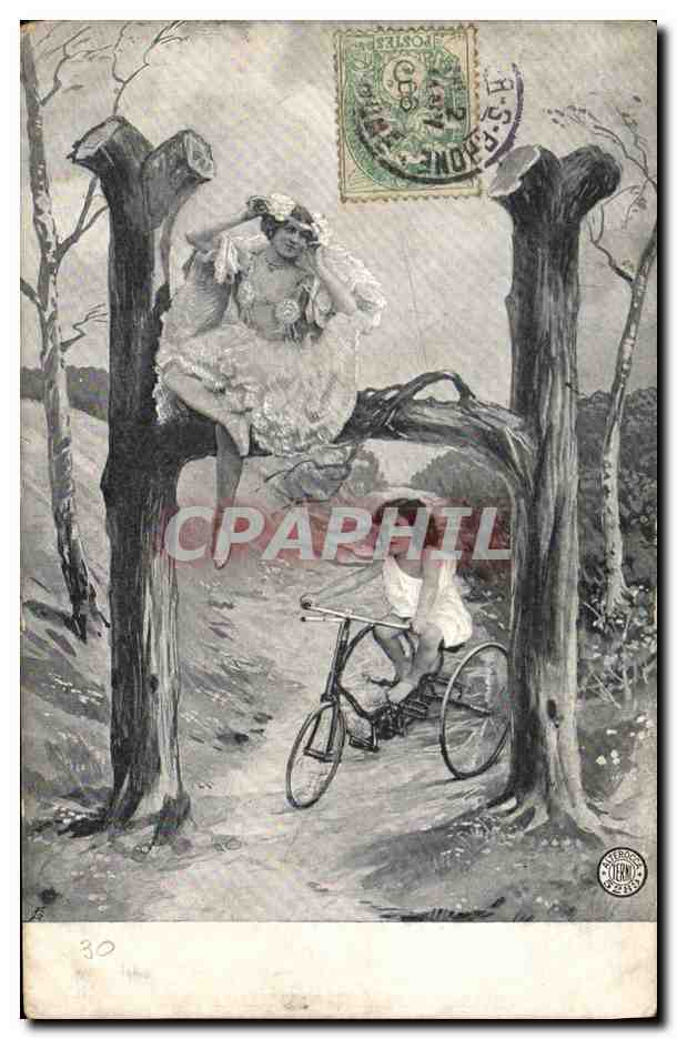 Femme assise sur un arbre — jeune homme à vélo — éditeur L. BERNARD, n°30