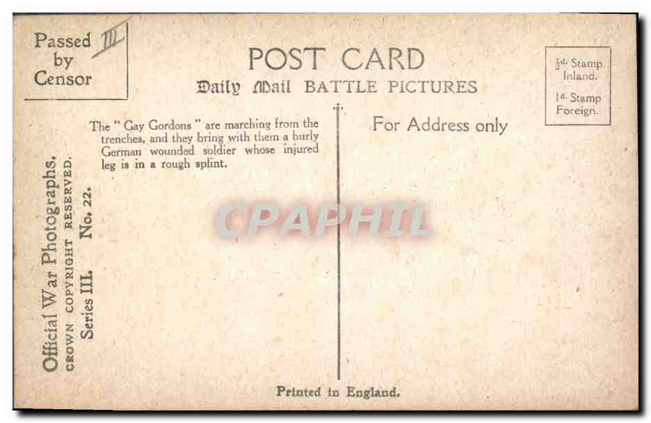 Gordons portant un soldat allemand blessé — Daily Mail Battle Pictures, série III, n°22 — Verso