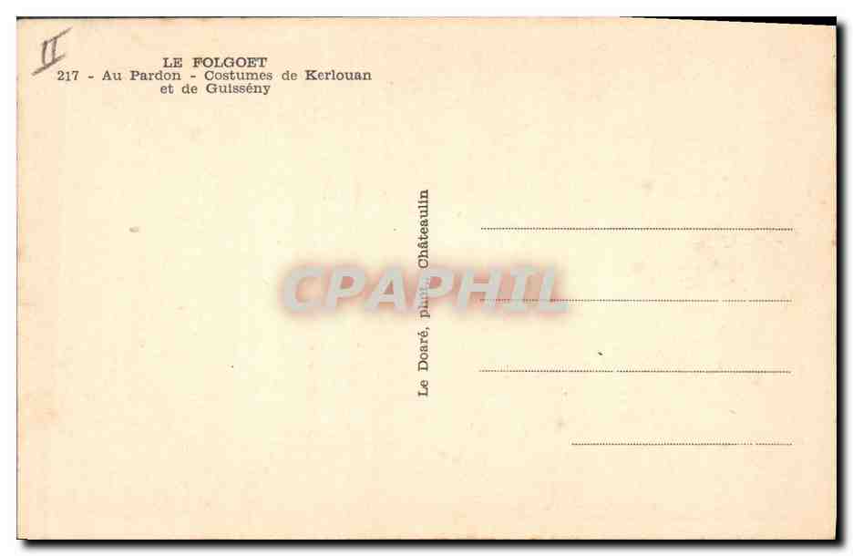 CPA Folklore Le Folgoet Au pardon Costumes de Kerlouan et de Guisseny — Rückseite