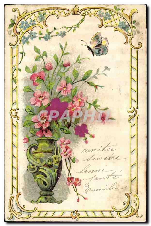 CPA Fantaisie Fleurs Papillon 
